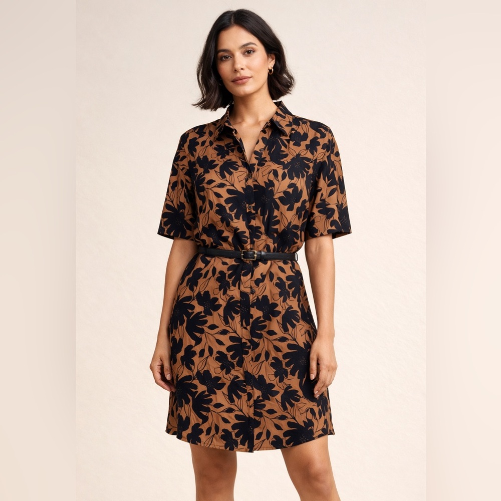 Frank and Oak women's button down floral shirt summer dress black/brown size S/M